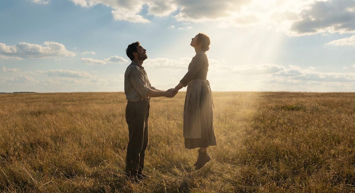 Two people in a field holding hands as one is taken up into the sky